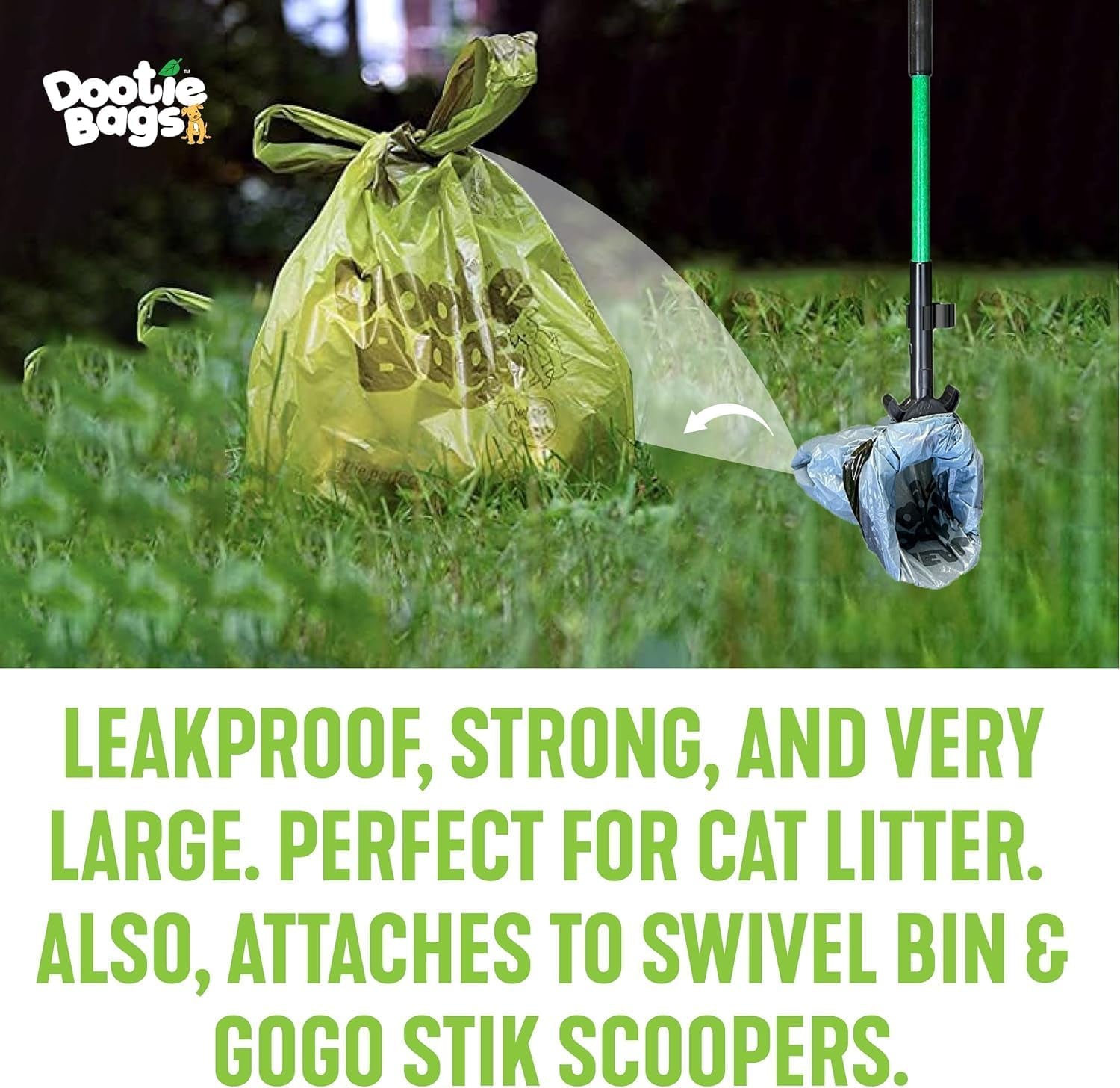 Pooch Approved Large Dootie Bags - Dog Poop Bags - Tie-Handles - 100 Count Dootie Strong and Leakproof - Perfect for Dogs & Cats - Litter - Pet Waste Cleanup - Swivel Bin &  Scoopers
