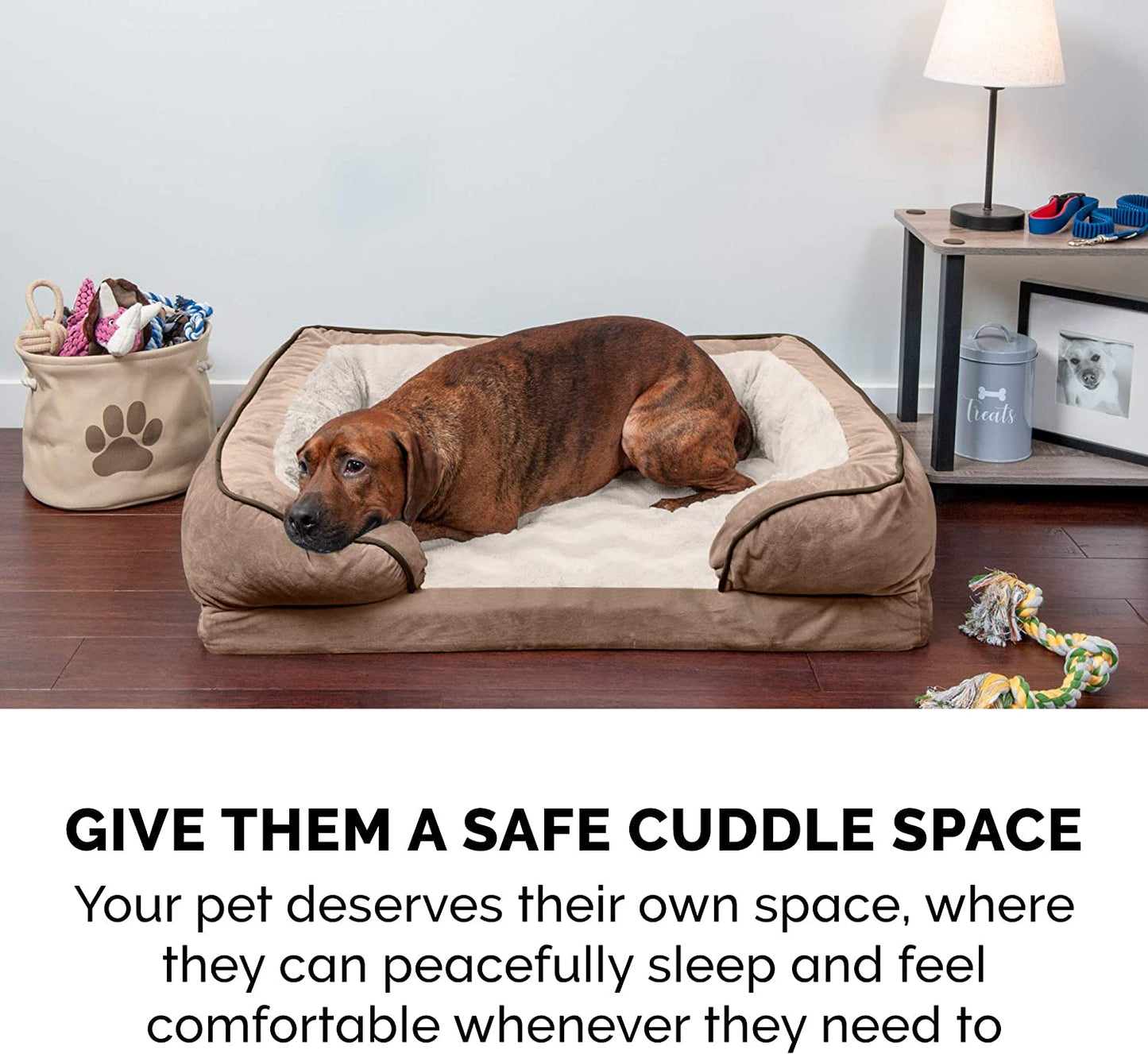 Orthopedic Dog Bed for Large/Medium Dogs W/ Removable Bolsters & Washable Cover, for Dogs up to 55 Lbs - Plush & Velvet Waves Perfect Comfort Sofa - Brownstone, Large