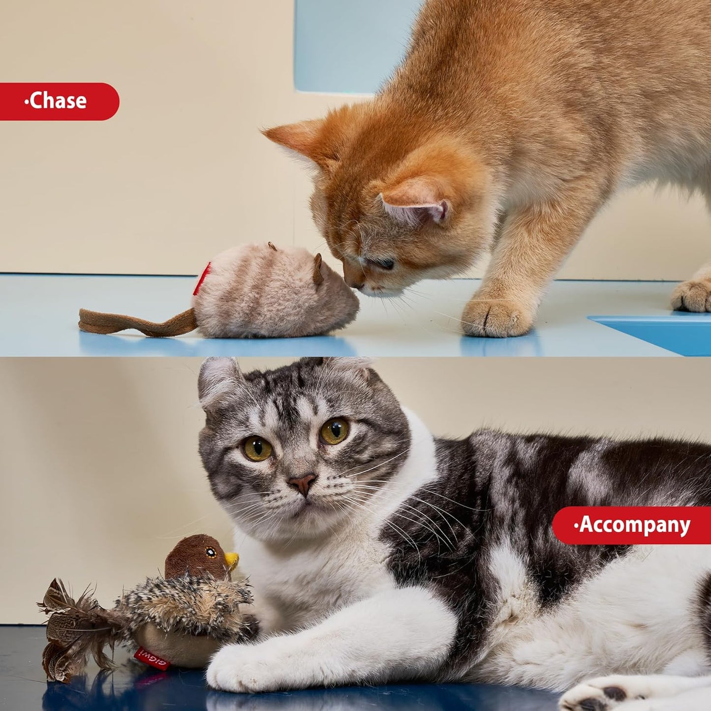 Chirping Bird Cat Toy Set, Interactive Chasing Toy for Indoor Cat, Motion Activated Kitten Play Toys, Squeaky Cats Animal Feather Toy for All Breeds Cats Kicker