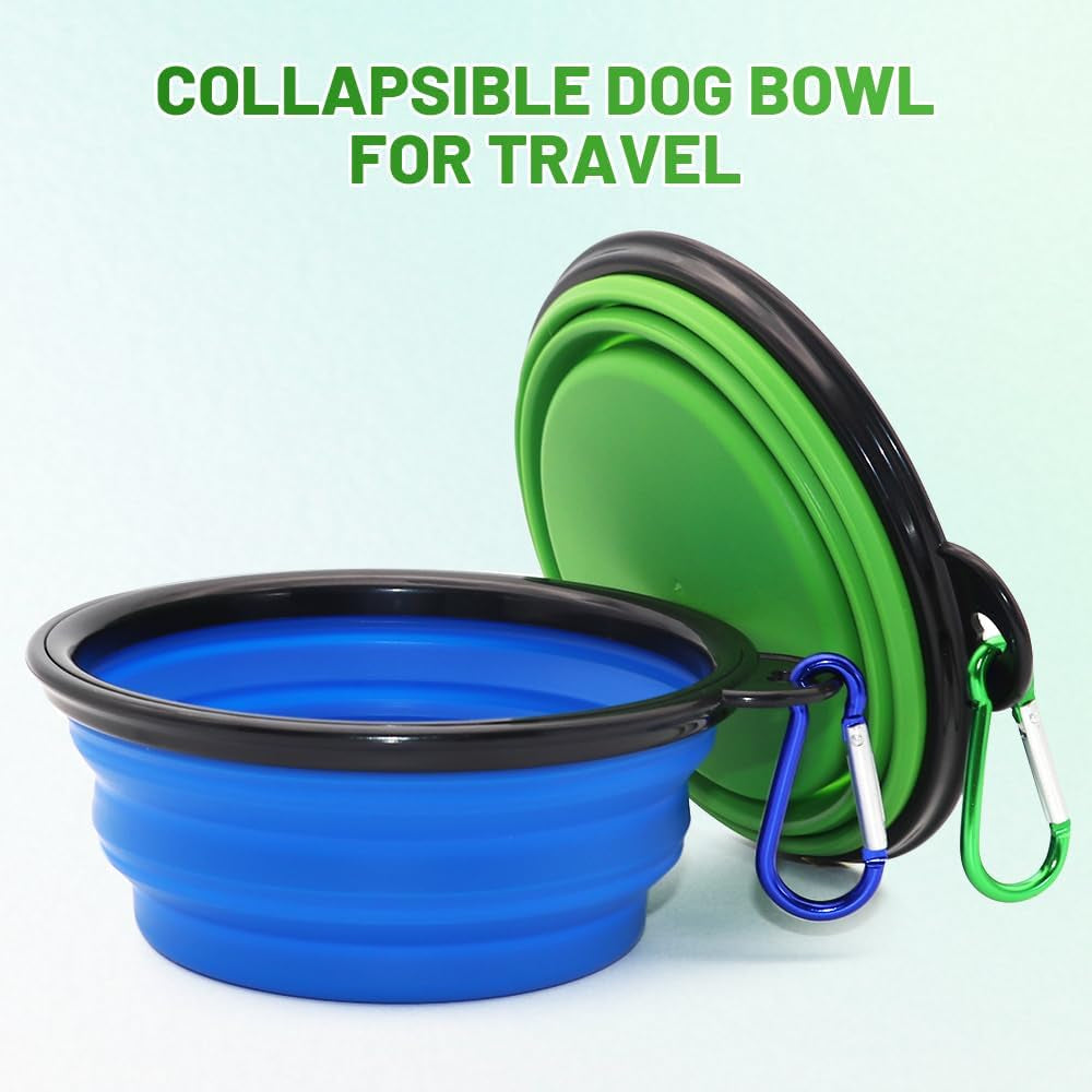 Dog Bowl Pet Collapsible Bowls, 2 Pack for Cats Dogs, Portable Pet Feeding Watering Dish for Walking Parking Traveling with 2 Carabiners (Small, Blue+Green)