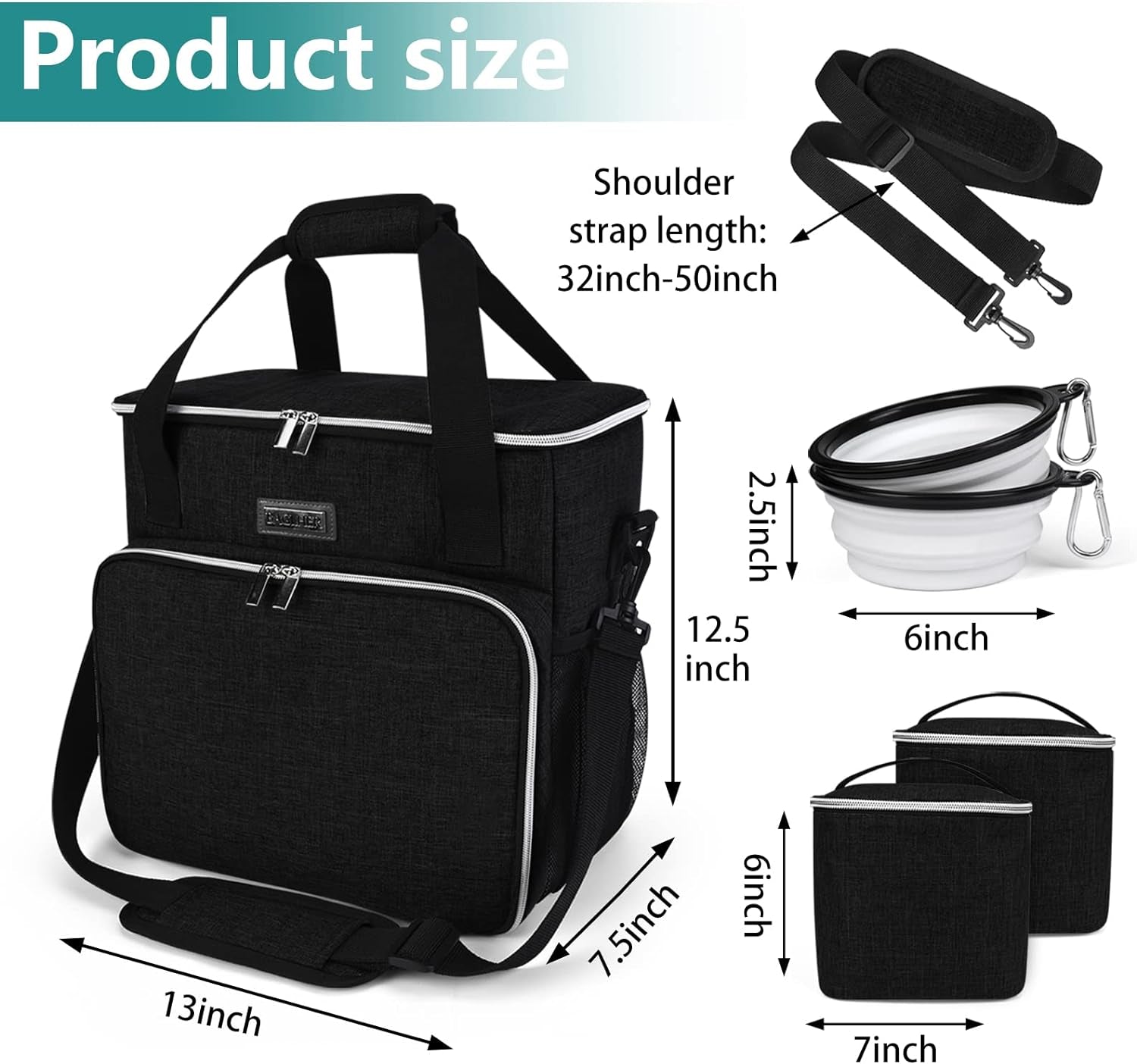 Dog Travel Bag, Pet Travel Bag (All Pet Travel Supplies), with 2 Pet Food Containers and 2 Collapsible Silicone Bowls; Essential Kits for Travel Black