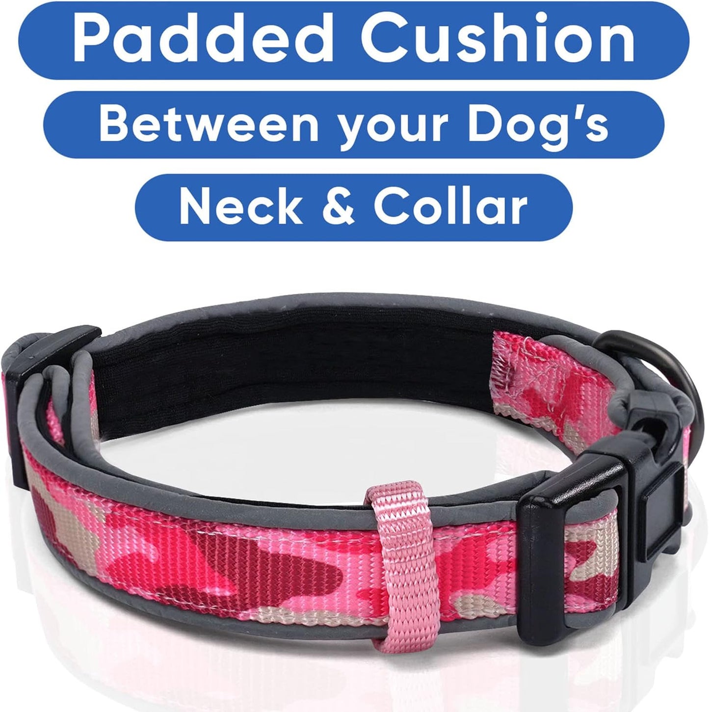 Soft Adjustable Reflective Padded Pet Dog Collar Camouflage Pink Camo Medium / Large 3/4 Inch