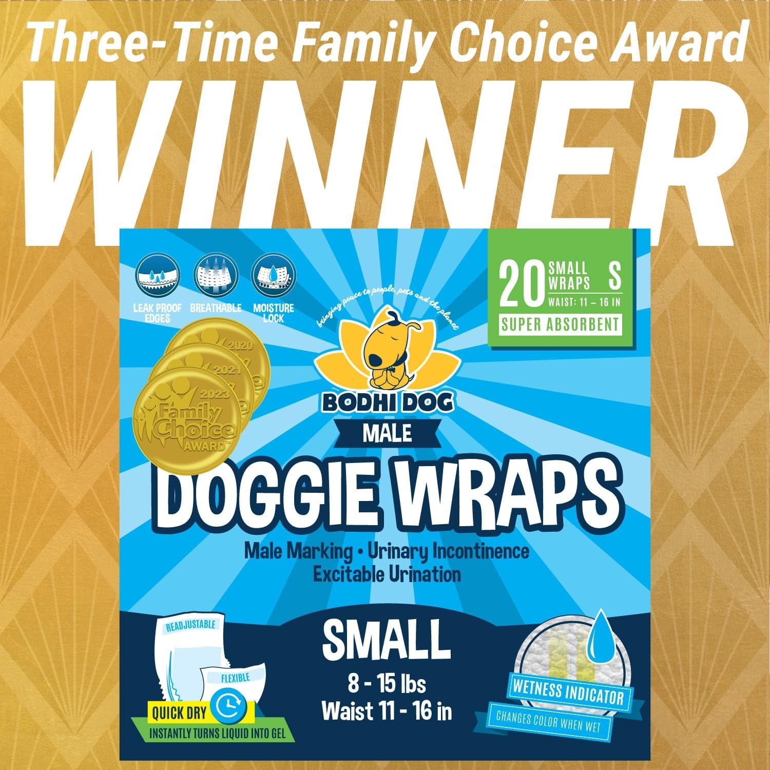 Disposable Male Dog Diapers - Super Absorbent, Leak-Proof Pee Wraps - Adjustable Fit, Comfortable Design, Advanced Moisture Control, and Wetness Indicator - Small (20 Count)
